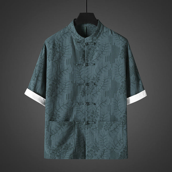 Buddha Stones Camicia da uomo in cotone con motivo floreale e maniche corte con bottoni a rana - Verde acqua - US/UK/AU46, EU56 (5XL) - image 4