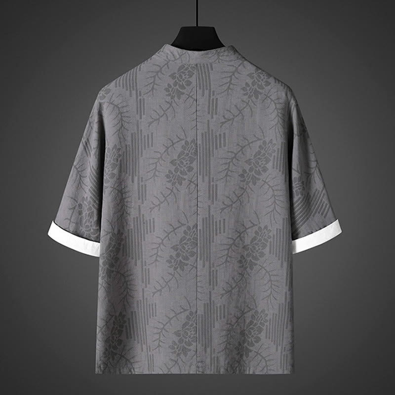 Buddha Stones Camicia da uomo in cotone con motivo floreale e maniche corte con bottoni a rana - image 1