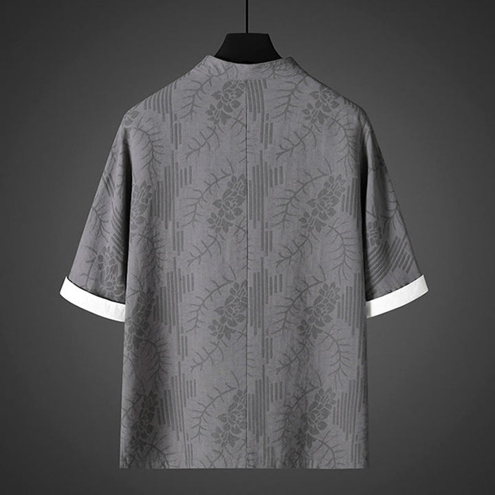 Buddha Stones Camicia da uomo in cotone con motivo floreale e maniche corte con bottoni a rana - image 1