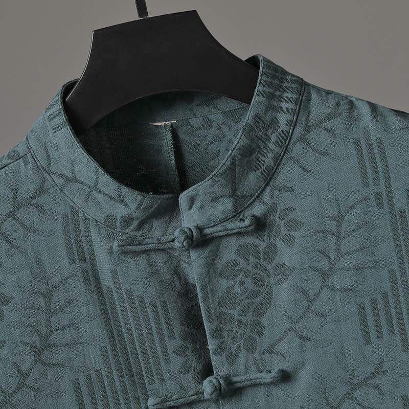 Buddha Stones Camicia da uomo in cotone con motivo floreale e maniche corte con bottoni a rana - image 6