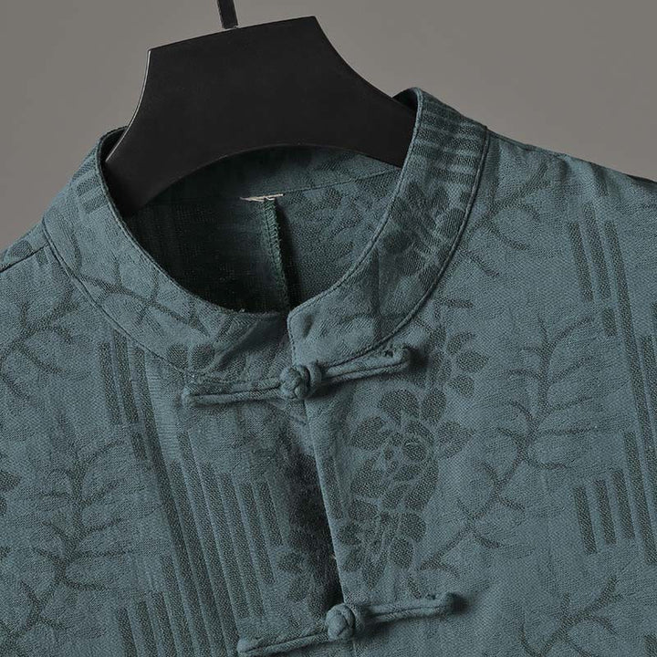 Buddha Stones Camicia da uomo in cotone con motivo floreale e maniche corte con bottoni a rana - image 6