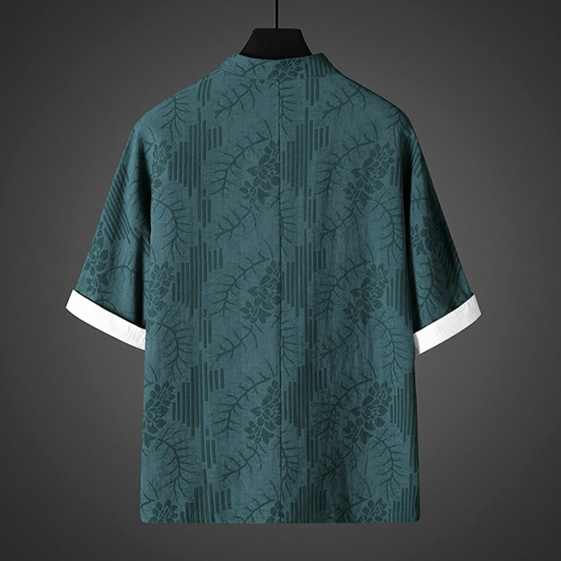 Buddha Stones Camicia da uomo in cotone con motivo floreale e maniche corte con bottoni a rana - image 5