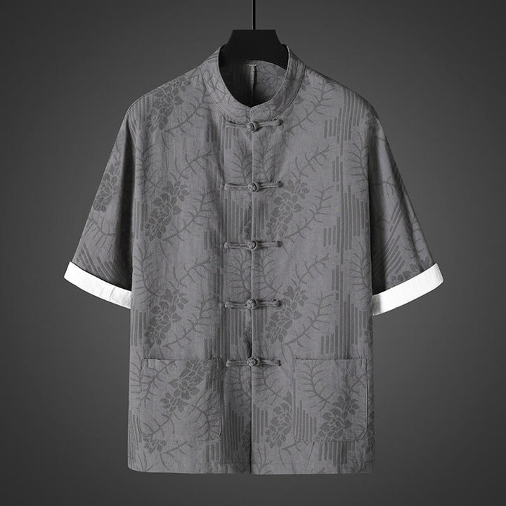 Buddha Stones Camicia da uomo in cotone con motivo floreale e maniche corte con bottoni a rana - Grigio - US/UK/AU46, EU56 (5XL) - image 0
