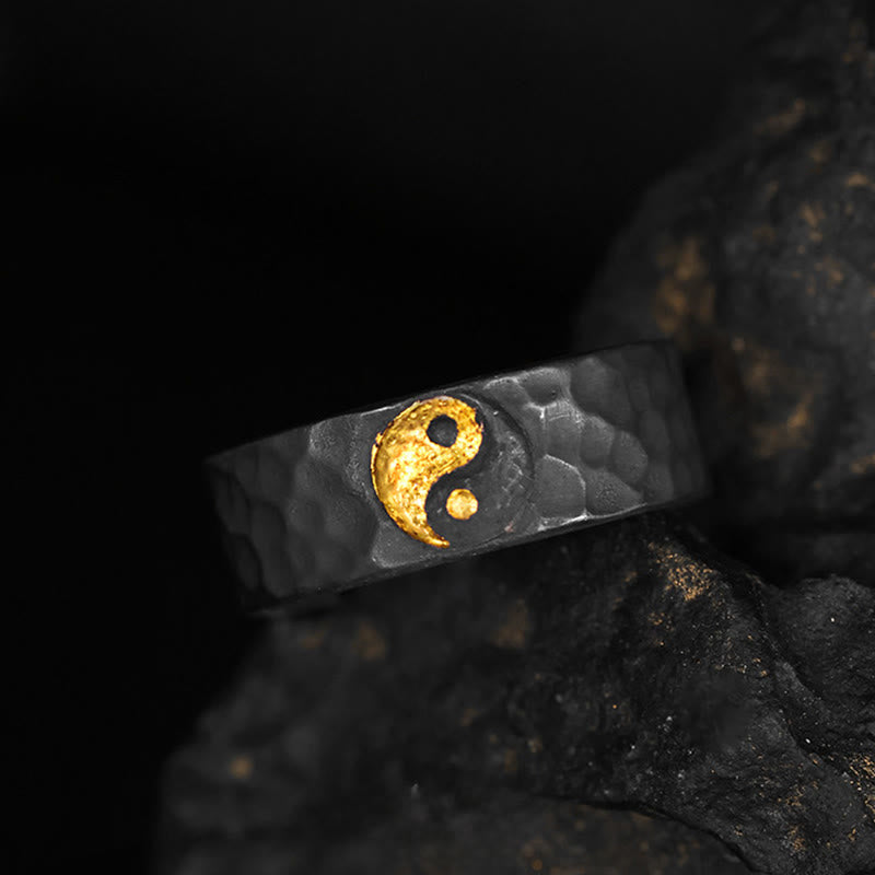 Buddha Stones Anello in argento sterling 999 e oro 999 con motivo Yin Yang e bilanciamento strutturato, fatto a mano - image 2