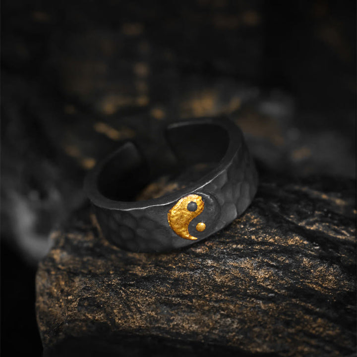 Buddha Stones Anello in argento sterling 999 e oro 999 con motivo Yin Yang e bilanciamento strutturato, fatto a mano - image 3