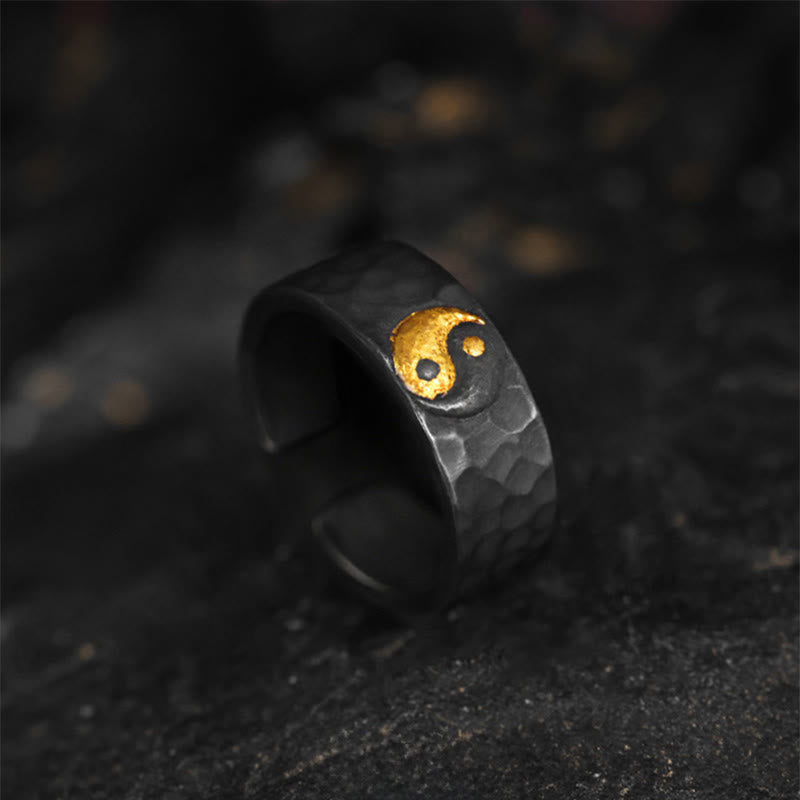 Buddha Stones Anello in argento sterling 999 e oro 999 con motivo Yin Yang e bilanciamento strutturato, fatto a mano - US8-US10 - image 0