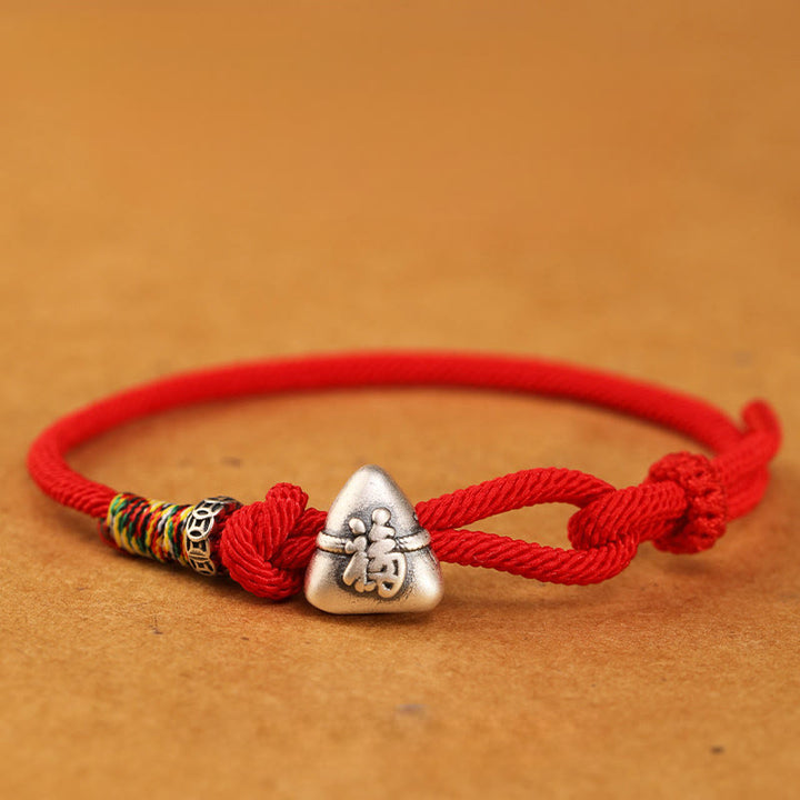 Buddha Stones Braccialetto in corda portafortuna Zongzi con carattere Fu in argento sterling 999 - Rosso - 19-21 cm - image 14
