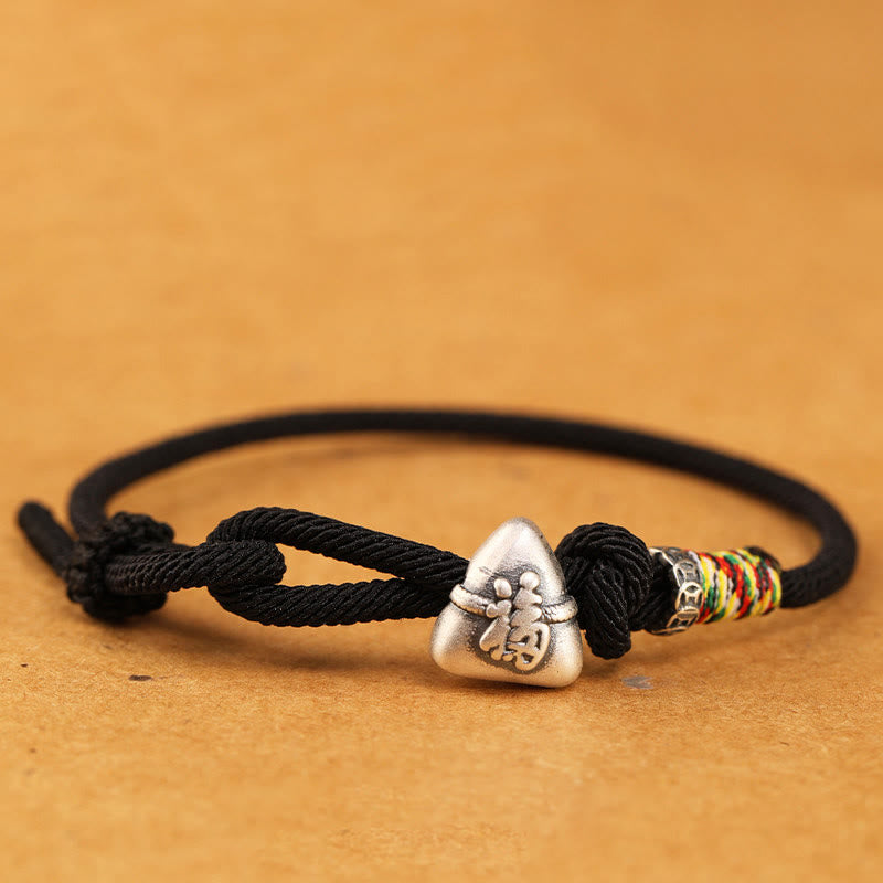 Buddha Stones Braccialetto in corda portafortuna Zongzi con carattere Fu in argento sterling 999 - Nero - 19-21 cm - image 17