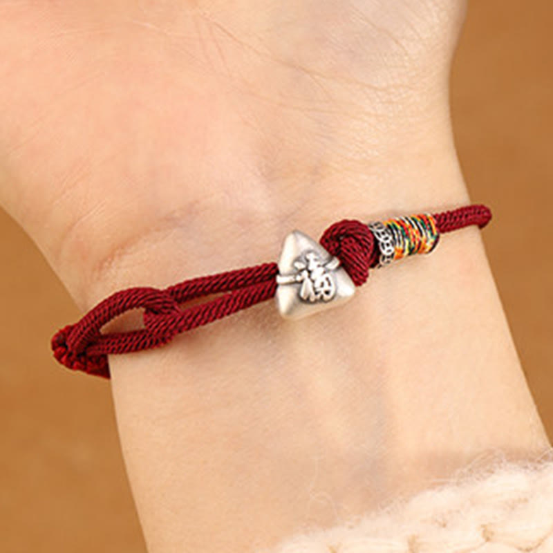 Buddha Stones Braccialetto in corda portafortuna Zongzi con carattere Fu in argento sterling 999 - image 5