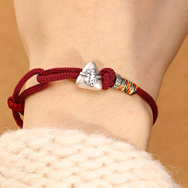 Buddha Stones Braccialetto in corda portafortuna Zongzi con carattere Fu in argento sterling 999 - image 3