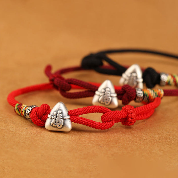 Buddha Stones Braccialetto in corda portafortuna Zongzi con carattere Fu in argento sterling 999 - image 16