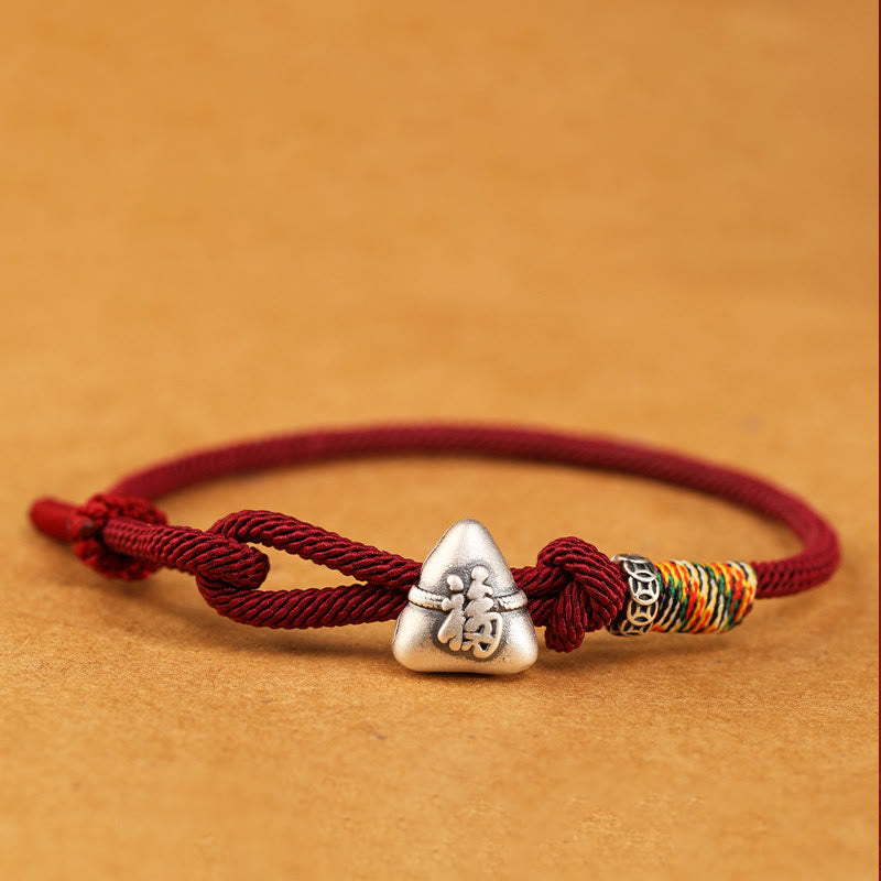 Buddha Stones Braccialetto in corda portafortuna Zongzi con carattere Fu in argento sterling 999 - Rosso scuro - 19-21 cm - image 0