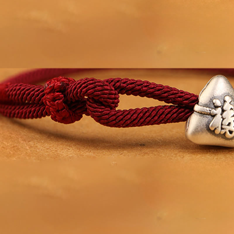 Buddha Stones Braccialetto in corda portafortuna Zongzi con carattere Fu in argento sterling 999 - image 10
