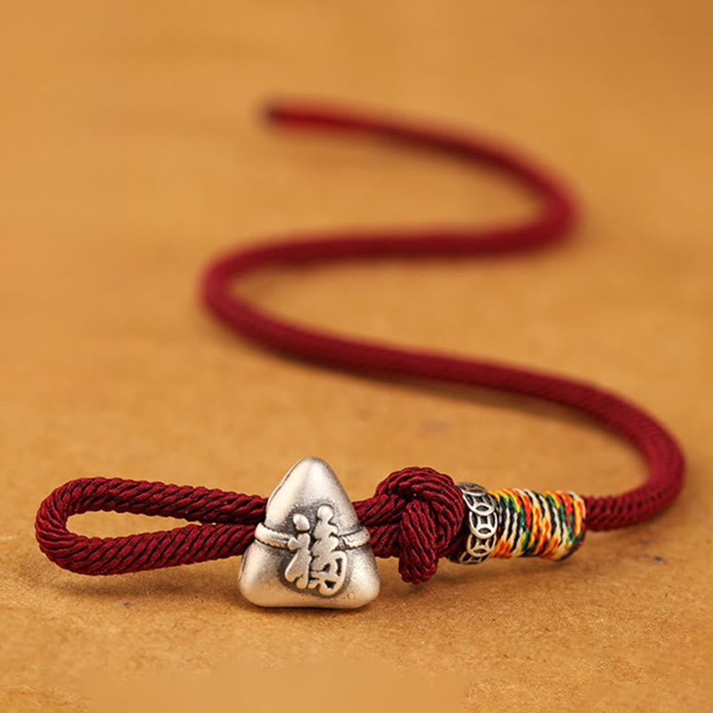 Buddha Stones Braccialetto in corda portafortuna Zongzi con carattere Fu in argento sterling 999 - image 2