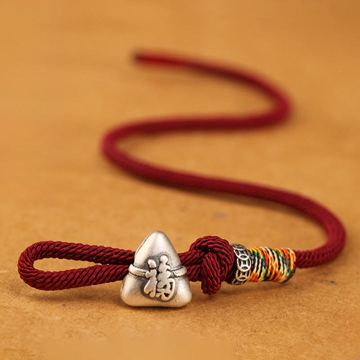 Buddha Stones Braccialetto in corda portafortuna Zongzi con carattere Fu in argento sterling 999 - image 2