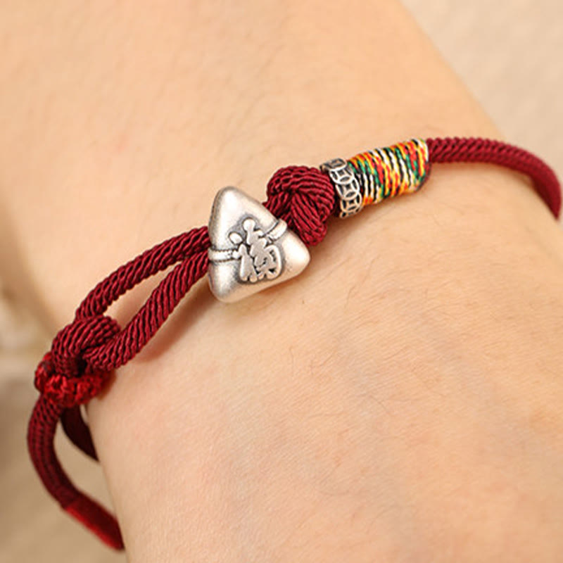 Buddha Stones Braccialetto in corda portafortuna Zongzi con carattere Fu in argento sterling 999 - image 4