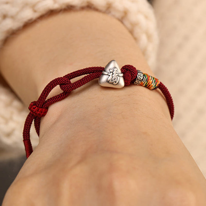 Buddha Stones Braccialetto in corda portafortuna Zongzi con carattere Fu in argento sterling 999 - image 11
