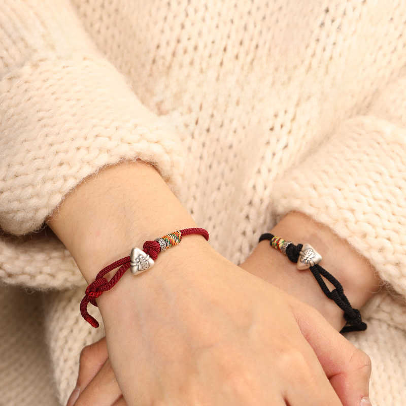 Buddha Stones Braccialetto in corda portafortuna Zongzi con carattere Fu in argento sterling 999 - image 18