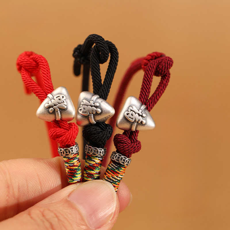 Buddha Stones Braccialetto in corda portafortuna Zongzi con carattere Fu in argento sterling 999 - image 1