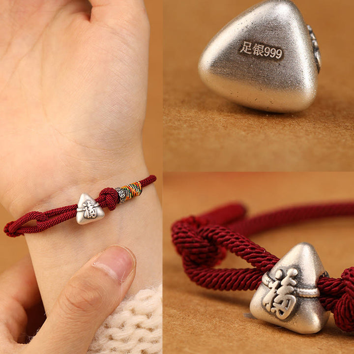 Buddha Stones Braccialetto in corda portafortuna Zongzi con carattere Fu in argento sterling 999 - image 12