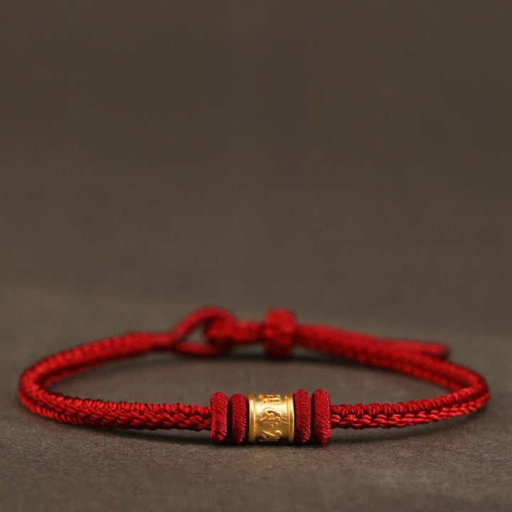 Buddha Stones Braccialetto di protezione dalla fortuna Om Mani Padme Hum in oro 999 fatto a mano in Tibet - Rosso - 18 centimetri - image 0