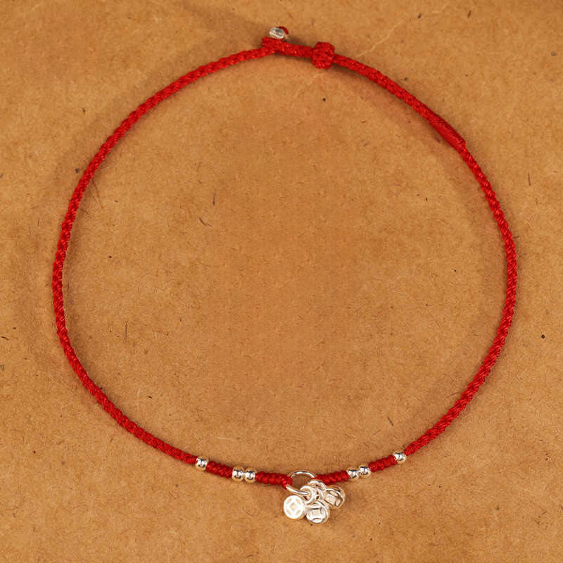 Buddha Stones Cavigliera ultra sottile con design a forma di monete in argento sterling 925, realizzata a mano e resistente - Braccialetto rosso (circonferenza del polso 14-18 cm) - image 7
