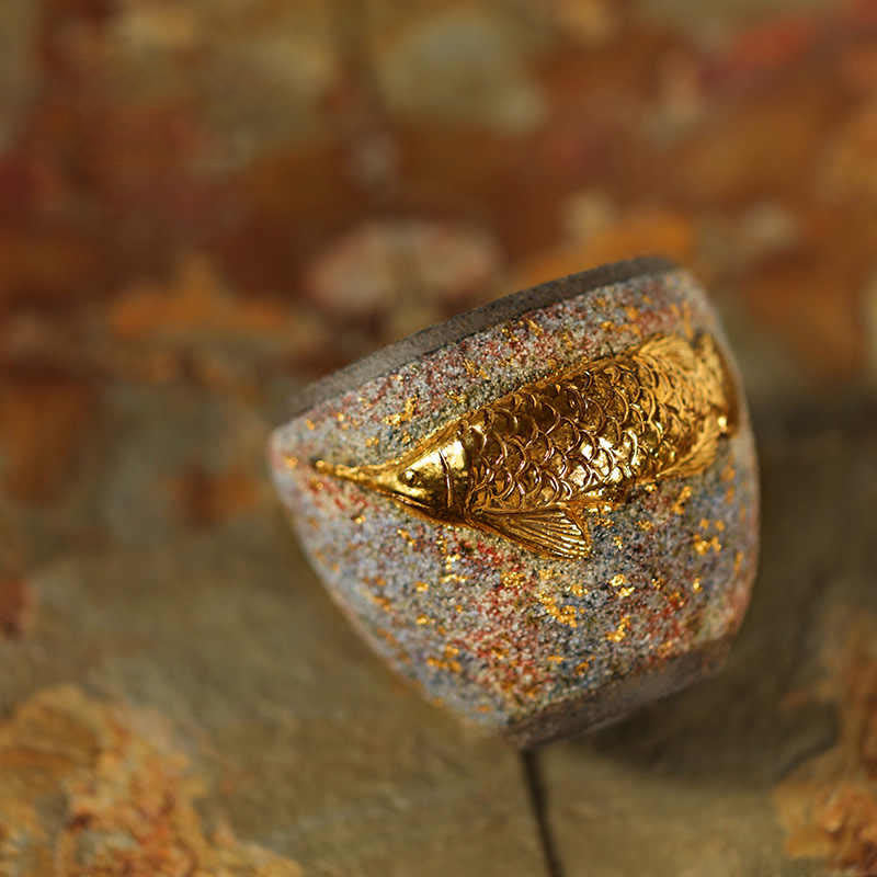 Buddha Stones Tazza da tè in ceramica con pesce koi Arowana dorato, tazza da tè Kung Fu - image 3