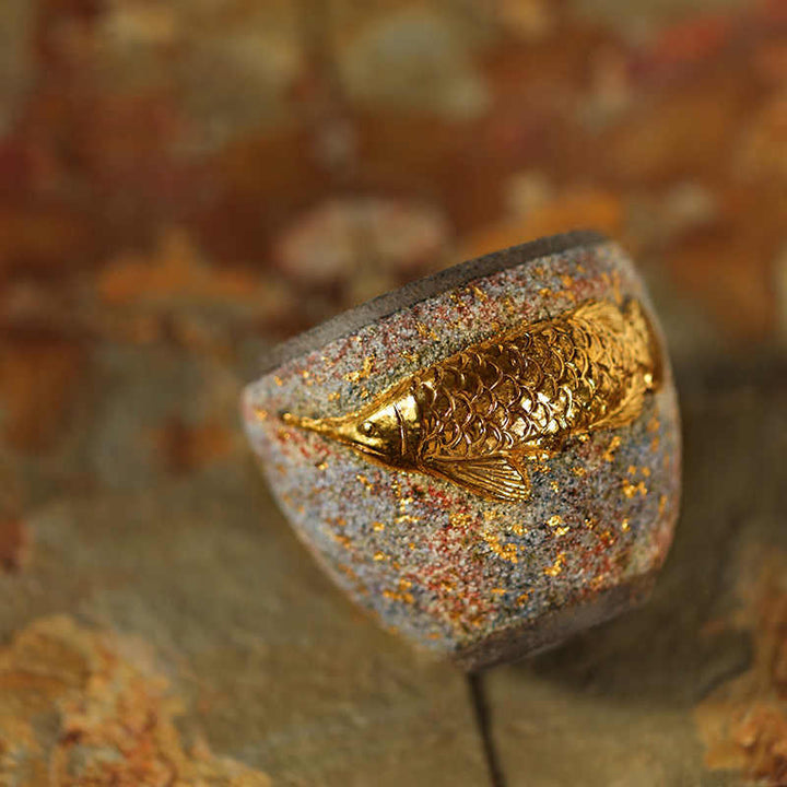 Buddha Stones Tazza da tè in ceramica con pesce koi Arowana dorato, tazza da tè Kung Fu - image 3