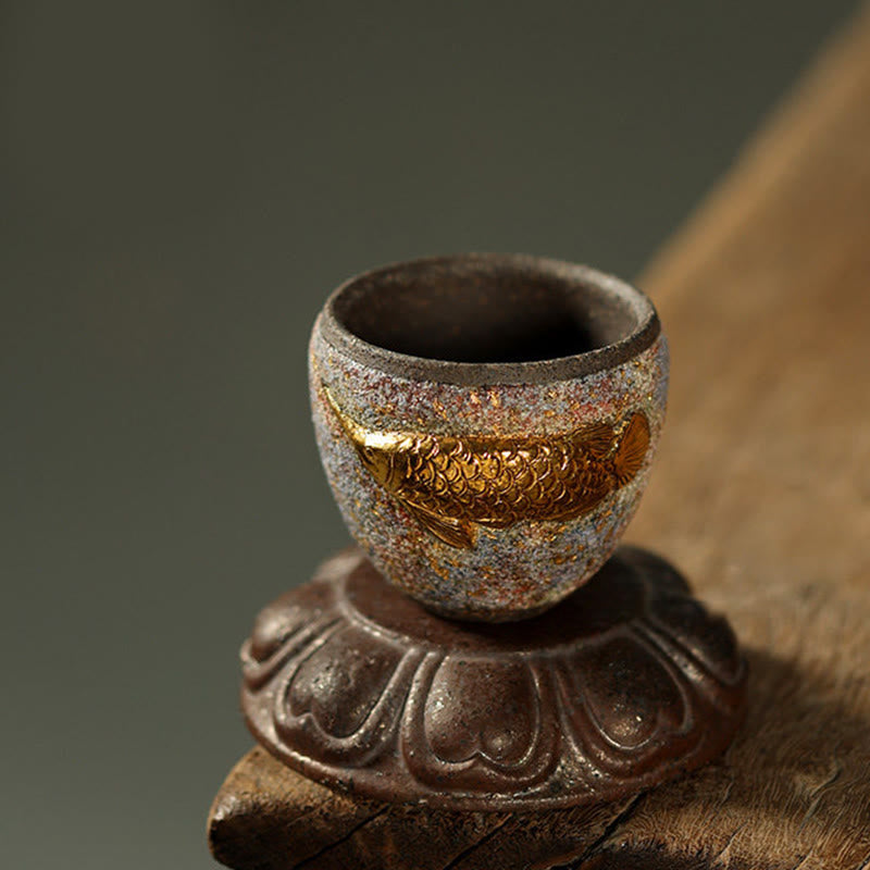 Buddha Stones Tazza da tè in ceramica con pesce koi Arowana dorato, tazza da tè Kung Fu - image 7