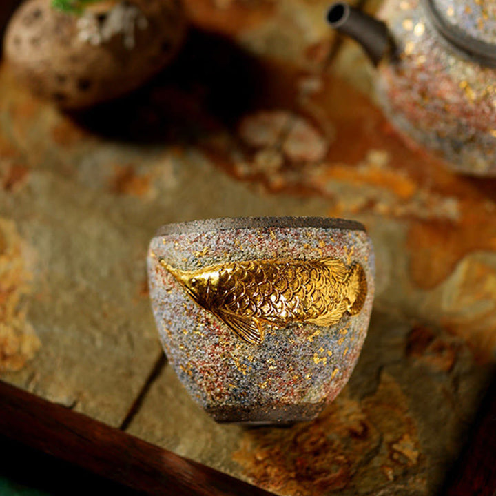 Buddha Stones Tazza da tè in ceramica con pesce koi Arowana dorato, tazza da tè Kung Fu - image 8