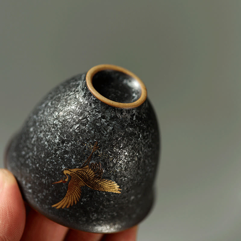 Buddha Stones Piccola tazza da tè in ceramica dipinta a mano con gru dorata, tazza da tè Kung Fu da 40 ml - image 7