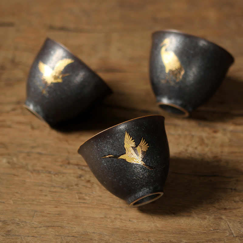 Buddha Stones Piccola tazza da tè in ceramica dipinta a mano con gru dorata, tazza da tè Kung Fu da 40 ml - image 8