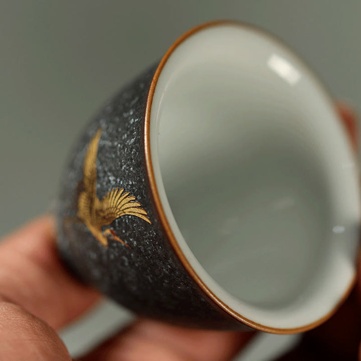 Buddha Stones Piccola tazza da tè in ceramica dipinta a mano con gru dorata, tazza da tè Kung Fu da 40 ml - image 6