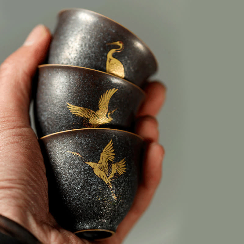 Buddha Stones Piccola tazza da tè in ceramica dipinta a mano con gru dorata, tazza da tè Kung Fu da 40 ml - image 10