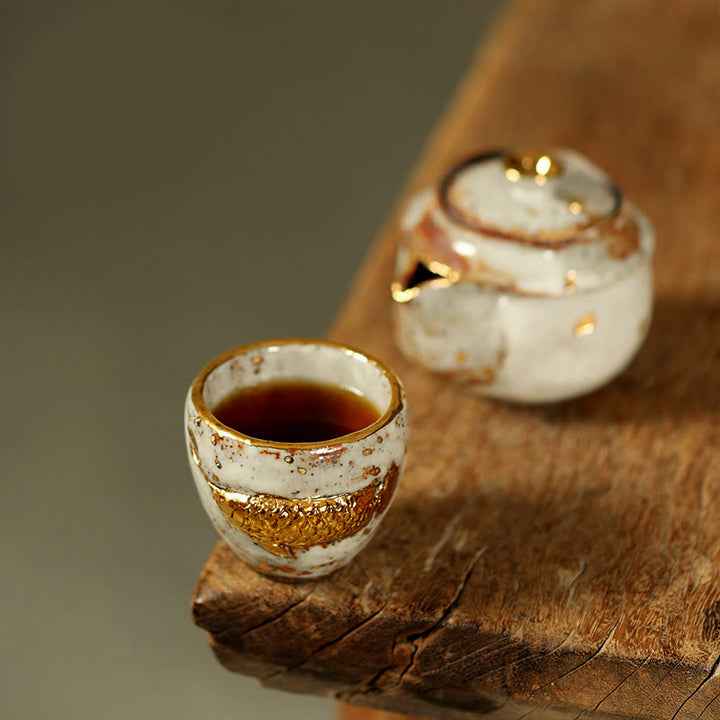 Buddha Stones Tazza da tè in ceramica con pesce koi Arowana dorato fatto a mano, tazza da tè Kung Fu, teiera - Tazza+Teiera - image 10
