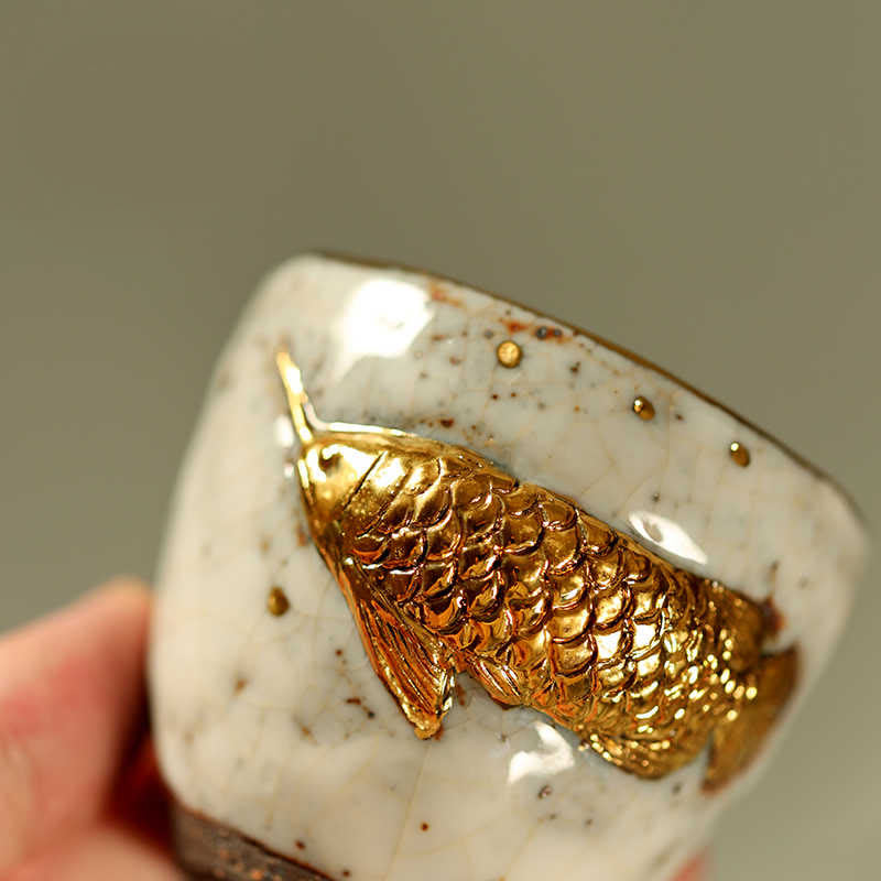 Buddha Stones Tazza da tè in ceramica con pesce koi Arowana dorato fatto a mano, tazza da tè Kung Fu, teiera - image 5