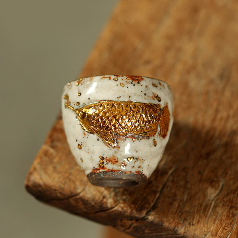 Buddha Stones Tazza da tè in ceramica con pesce koi Arowana dorato fatto a mano, tazza da tè Kung Fu, teiera - image 1