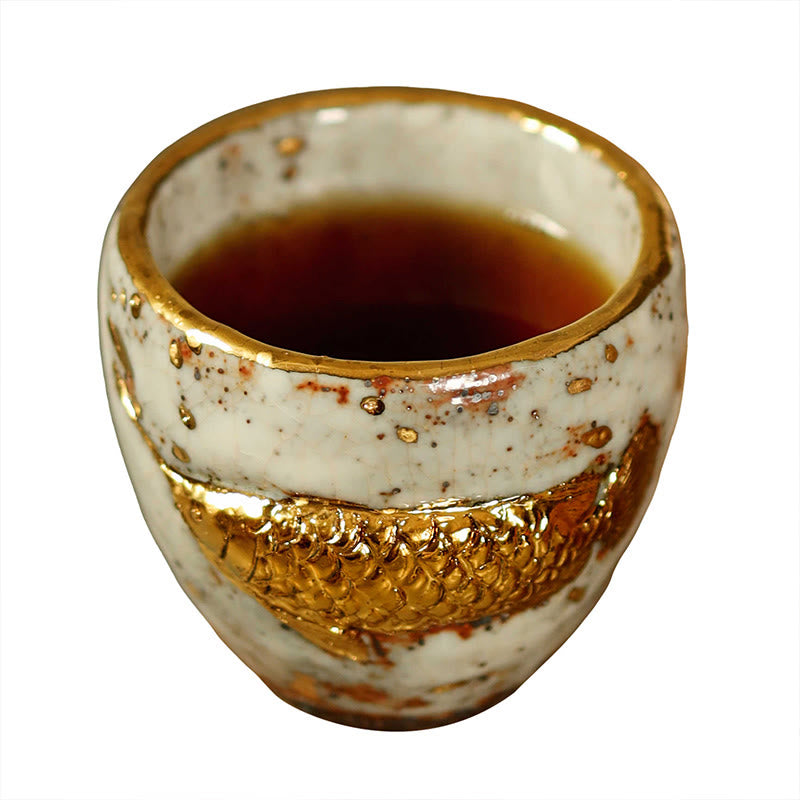 Buddha Stones Tazza da tè in ceramica con pesce koi Arowana dorato fatto a mano, tazza da tè Kung Fu, teiera - image 9