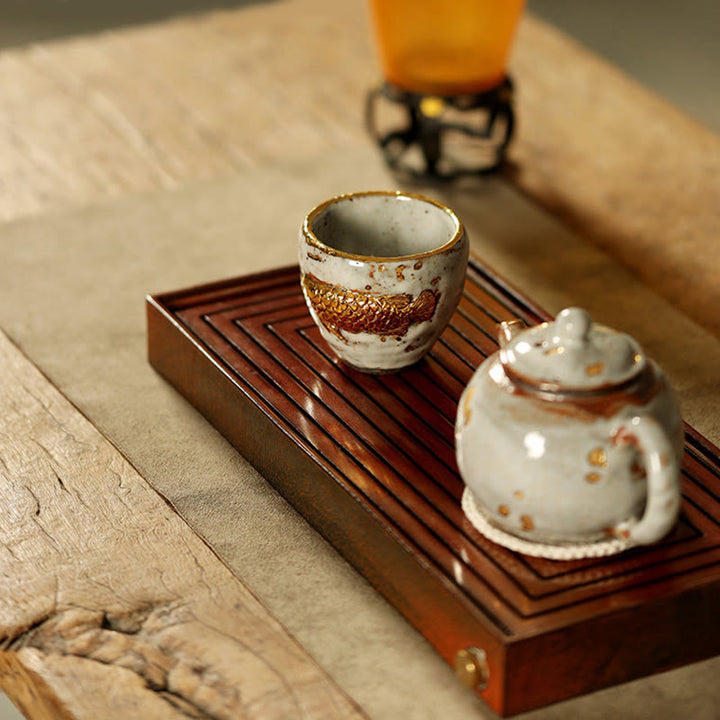 Buddha Stones Tazza da tè in ceramica con pesce koi Arowana dorato fatto a mano, tazza da tè Kung Fu, teiera - image 11