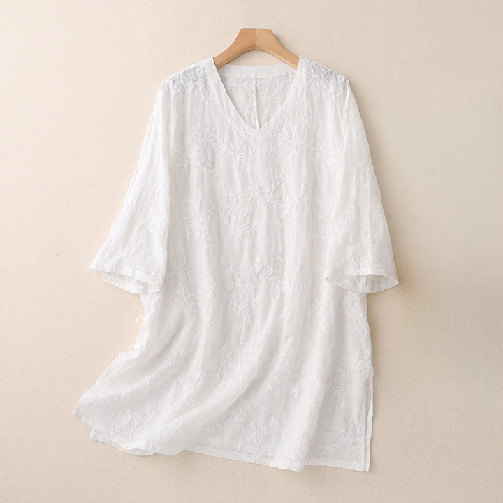 Buddha Stones Camicia da donna in cotone con motivo a foglie, manica lunga e scollo a V primaverile - Bianco - US8-10, UK/AU12-14, EU40-42 (2XL) - image 9