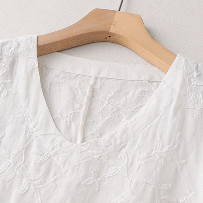 Buddha Stones Camicia da donna in cotone con motivo a foglie, manica lunga e scollo a V primaverile - image 11