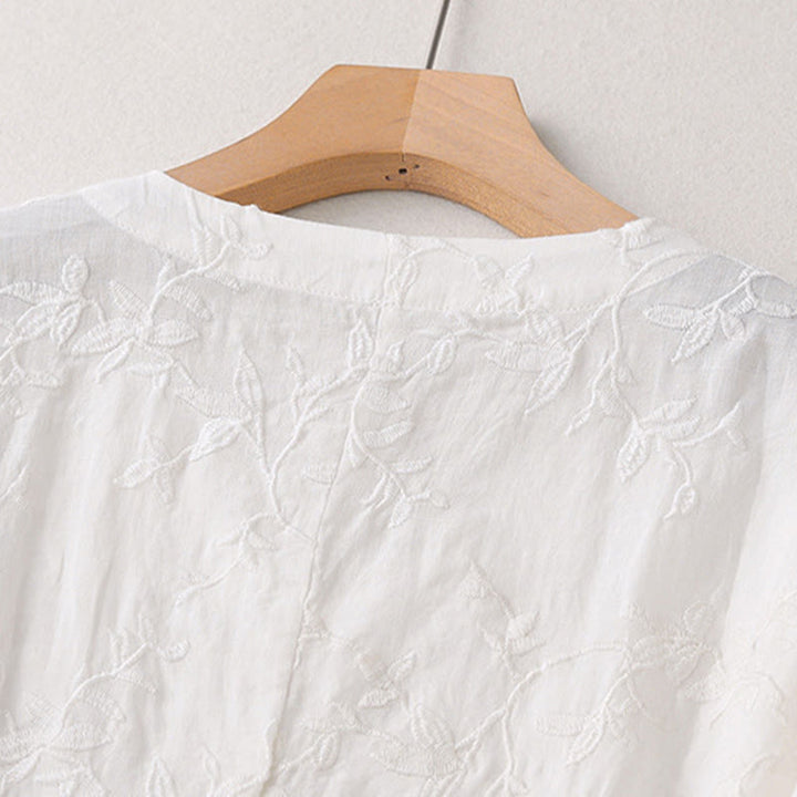 Buddha Stones Camicia da donna in cotone con motivo a foglie, manica lunga e scollo a V primaverile - image 15