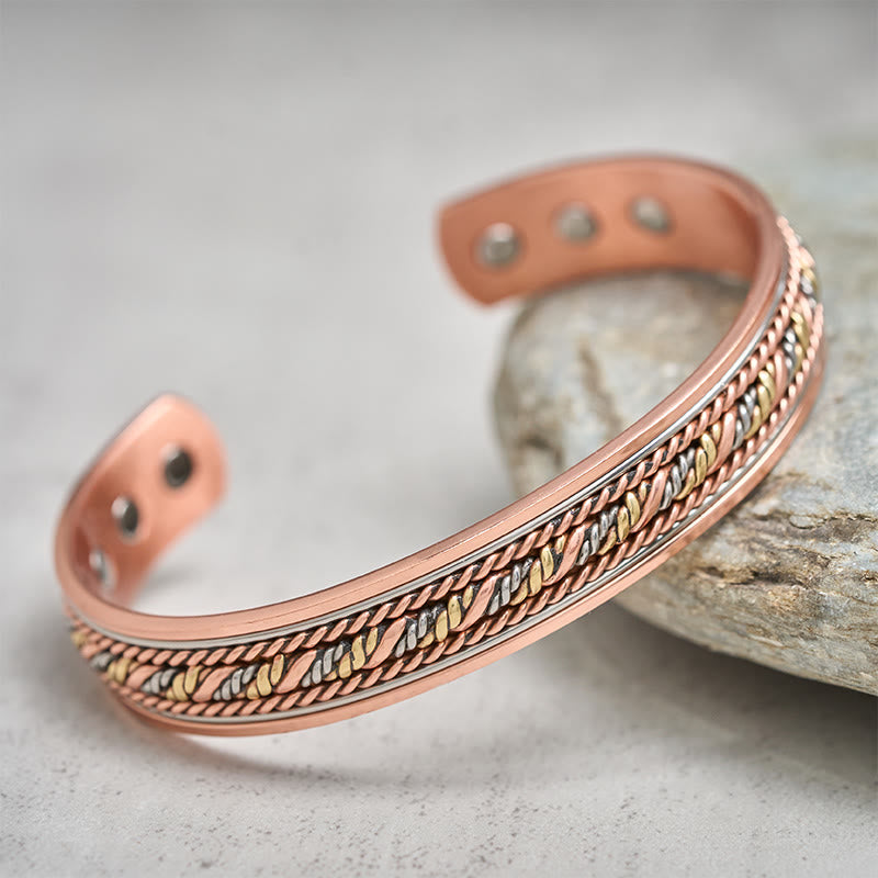 Buddha Stones Bracciale rigido retrò aperto e intrecciato in rame con simbolo della fortuna - image 1