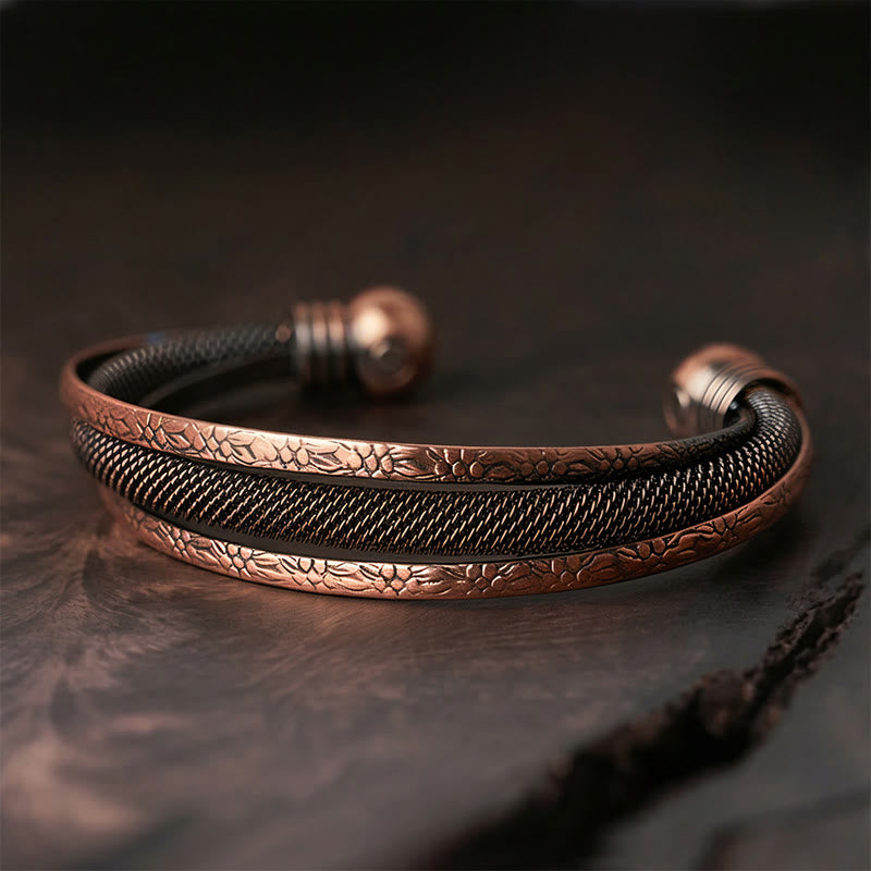 Buddha Stones Bracciale rigido aperto con motivo floreale in rame intrecciato e motivo a polsino con motivo a fiori - Fantasia (diametro interno: 59 mm) - image 6