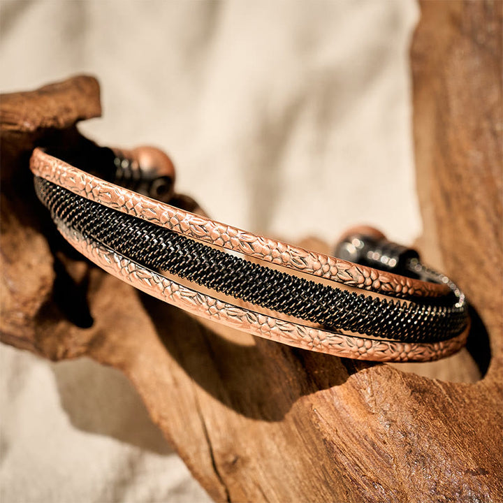 Buddha Stones Bracciale rigido aperto con motivo floreale in rame intrecciato e motivo a polsino con motivo a fiori - image 8