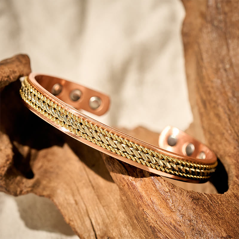 Buddha Stones Bracciale rigido regolabile aperto con motivo a maglie intrecciate in rame retrò - image 1