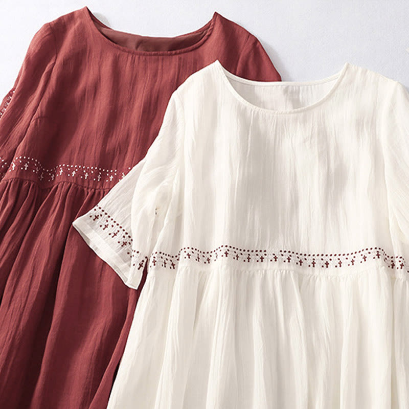 Abito midi in cotone a maniche corte con ricami a tinta unita e tasche, con motivo Buddha Stones. - image 27