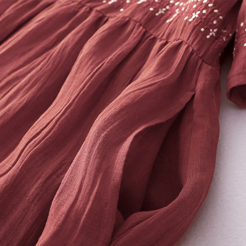 Abito midi in cotone a maniche corte con ricami a tinta unita e tasche, con motivo Buddha Stones. - image 25