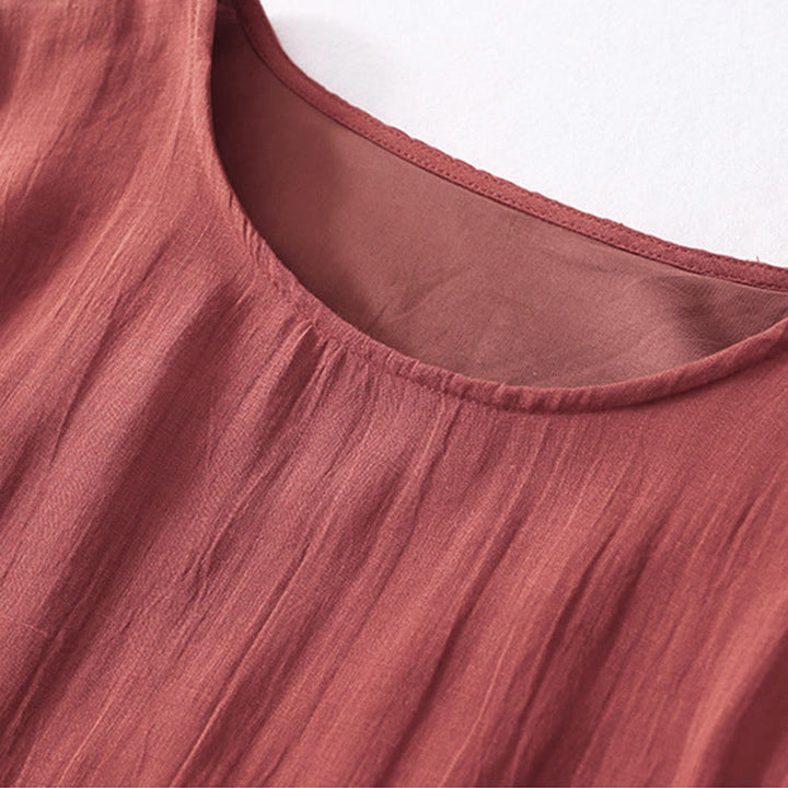 Abito midi in cotone a maniche corte con ricami a tinta unita e tasche, con motivo Buddha Stones. - image 23