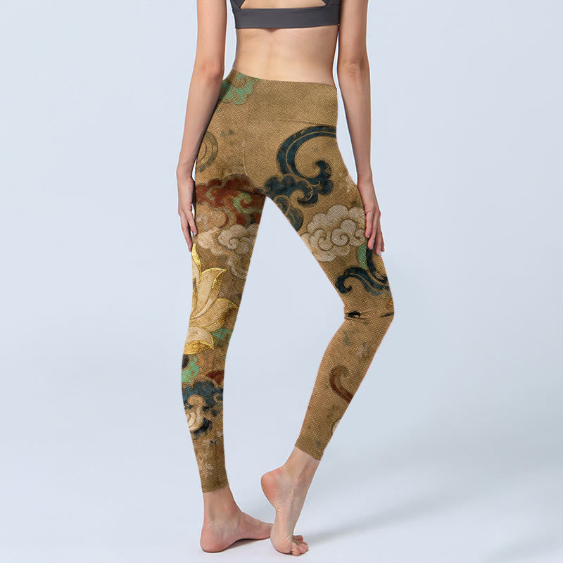 Buddha Stones Leggings da palestra con stampa tradizionale di fiori di loto e nuvole, pantaloni da yoga da donna - image 4